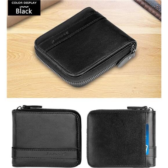 Men's Genuine Leather Bifold Zip-around Wallet Black - Picture 2 of 5